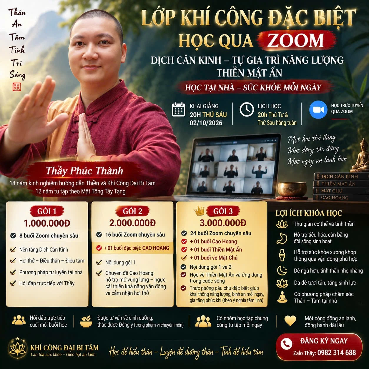 Lớp Khí Công đặc biệt học qua Zoom — Dịch Cân Kinh, Thiền Mật Ấn — khai giảng 02/10/2026